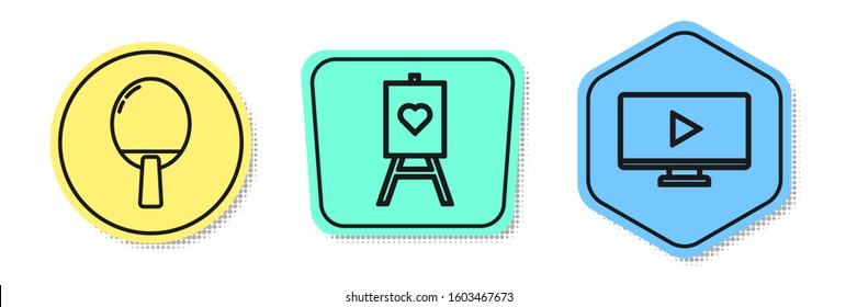 Set line Racket for playing table tennis, Wood easel or painting art boards and Online play video. Colored shapes. Vector
