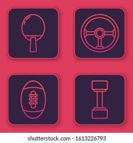 Set line Racket for playing table tennis, American Football ball, Steering wheel and Dumbbell. Blue square button. Vector