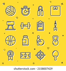 Set line Racket for playing table tennis, Kettlebell, Dart arrow, Sport expander, Dumbbell, Pommel horse, Volleyball ball and training program icon. Vector