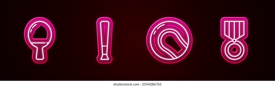 Set line Racket for playing table tennis, Baseball bat,  and Medal. Glowing neon icon. Vector