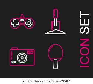 Set line Racket for playing table tennis, Photo camera, Shovel the ground and Gamepad icon. Vector