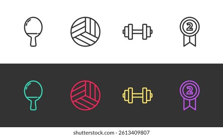 Set line Racket for playing table tennis, Volleyball ball, Dumbbell and Medal on black and white. Vector