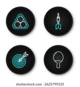 Set line Racket for playing table tennis, Target with arrow, Dart and Billiard balls rack triangle icon. Vector