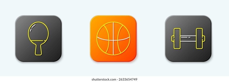 Set line Racket for playing table tennis, Basketball ball and Dumbbell icon. Vector