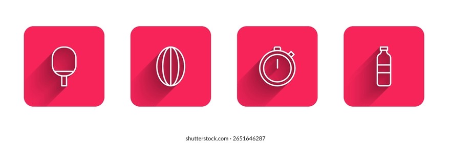 Set line Racket for playing table tennis, Rugby ball, Stopwatch and Bottle of water with long shadow. Red square button. Vector