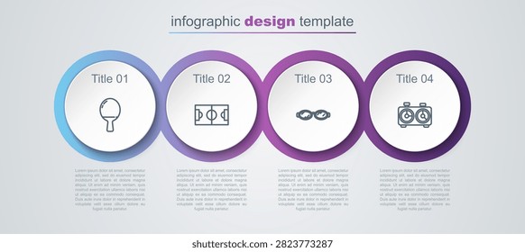 Set line Racket for playing table tennis, Football soccer field, Glasses swimming and Time chess clock. Business infographic template. Vector