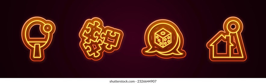 Set line Racket, Puzzle pieces toy, Game dice and Chip for board game. Glowing neon icon. Vector