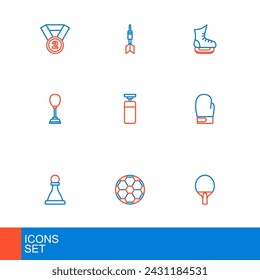 Set line Racket, Soccer football ball, Chess, Boxing glove, Punching bag, Skates and Dart arrow icon. Vector