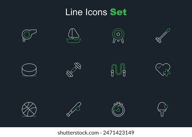 Set line Racket, Stopwatch, Baseball bat with ball, Basketball, Heart rate, Jump rope, Dumbbell and Hockey puck icon. Vector