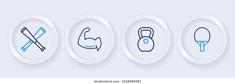 Set line Racket, Weight, Bodybuilder showing his muscles and Crossed baseball bat icon. Vector