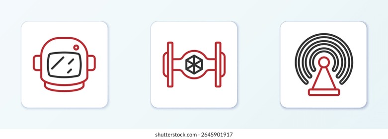 Set line Radar, Astronaut helmet and Cosmic ship icon. Vector