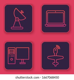 Set line Radar, Computer monitor, Laptop and UAV Drone. Blue square button. Vector