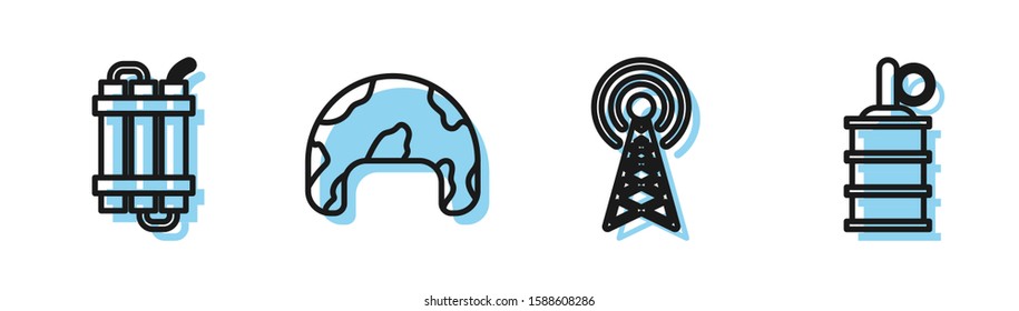 Set line Radar , Detonate dynamite bomb stick, Military helmet  and Hand grenade  icon. Vector