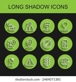 Set line Radar, Exclamation mark in triangle, Route location, Traffic light, Location the globe, Map pointer with house, Infographic of city map navigation and Stop sign icon. Vector