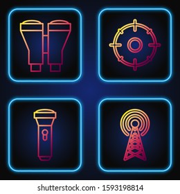 Set line Radar , Flashlight , Binoculars  and Target sport for shooting competition . Gradient color icons. Vector