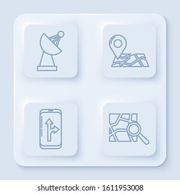 Set line Radar, Folded map with location marker, Infographic of city map navigation and Folded map with location marker. White square button. Vector