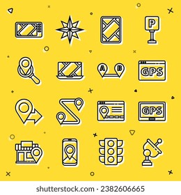 Set line Radar, Gps device with map, City navigation, Search location,  and Route icon. Vector