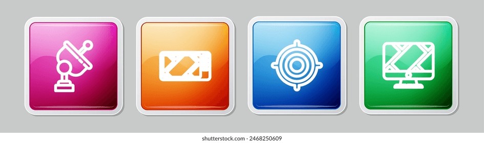 Set line Radar, Gps device with map, Target sport and Monitor location marker. Colorful square button. Vector