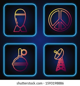 Set line Radar , Hand grenade , Aviation bomb  and Peace . Gradient color icons. Vector