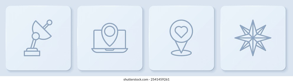 Set line Radar, Locación con corazón, marcador de ubicación del portátil y rosa de viento. Botón cuadrado blanco. Vector