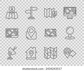 Ajuste la línea Radar, Ubicación con la casa, Marcador de ubicación de mapa plegado, y el icono de pin de empuje. Vector