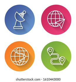 Set line Radar, Location on the globe, Location on the globe and Route location. Color circle button. Vector