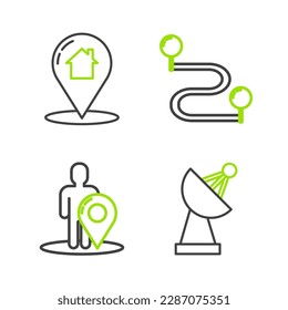 Set line Radar, Map marker with silhouette of person, Route location and pointer house icon. Vector