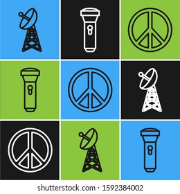 Set line Radar , Peace  and Flashlight  icon. Vector