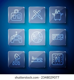 Set line Radar, Plane, Helicopter landing pad, Trolley for food, Worldwide, Drone remote control, Suitcase and Airport bus icon. Vector