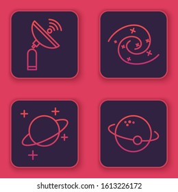 Set line Radar, Planet, Black hole and Planet. Blue square button. Vector