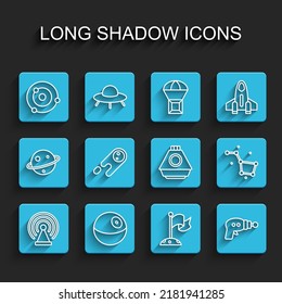 Set line Radar, Planet, Solar system, Moon with flag, Ray gun, Comet falling down fast, Great Bear constellation and Space capsule icon. Vector