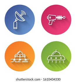 Set line Radar, Ray gun, Mars rover and UFO flying spaceship. Color circle button. Vector