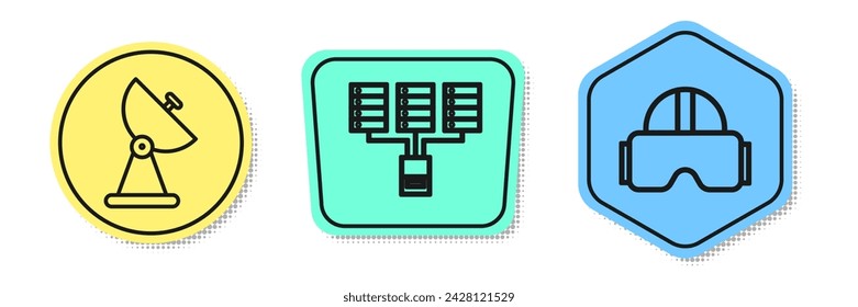 Set line Radar, Server, Data, Web Hosting and Virtual reality glasses. Colored shapes. Vector