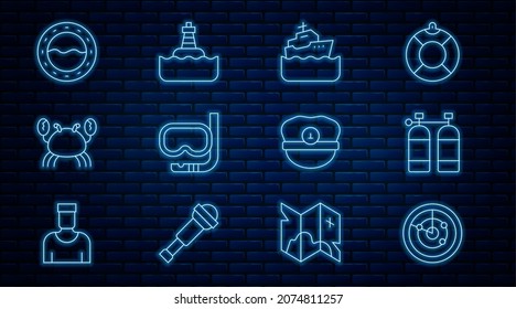 Set line Radar with targets, Aqualung, Cruise ship, Diving mask and snorkel, Crab, Ship porthole, Captain hat and Floating buoy icon. Vector