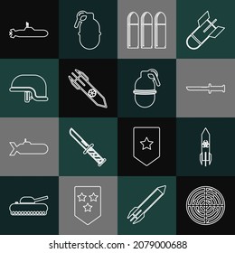 Fijar la línea Radar con objetivos, cohete Biohazard, cuchillo militar, bala, nuclear, casco, submarino y granada de mano. Vector