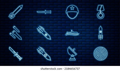 Set line Radar with targets, Biohazard rocket, Military helmet, Rocket, Submarine and knife icon. Vector
