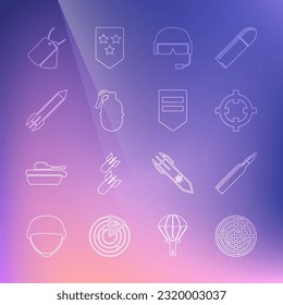 Set line Radar with targets, Bullet, Target sport, Military helmet, Hand grenade, Rocket, dog tags and Chevron icon. Vector