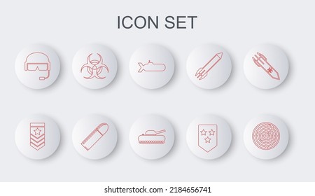 Fijar la línea Radar con objetivos, Chevron, Submarine, casco militar, símbolo de Biohazard, icono de bala y tanque. Vector