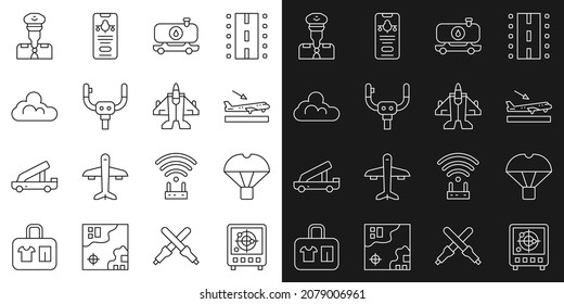 Set line Radar with targets on monitor, Box flying parachute, Plane landing, Fuel tanker truck, Aircraft steering helm, Cloud weather, Pilot and Jet fighter icon. Vector