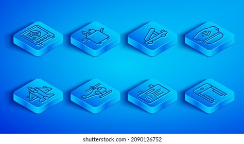 Set line Radar with targets on monitor, Trolley for food, Passenger ladder, Helicopter, Airport board, Pilot hat, Jet fighter and Metal detector in airport icon. Vector