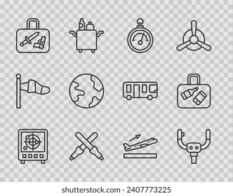 Set line Radar with targets on monitor, Aircraft steering helm, Barometer, Marshalling wands, Suitcase, Worldwide, Plane takeoff and  icon. Vector