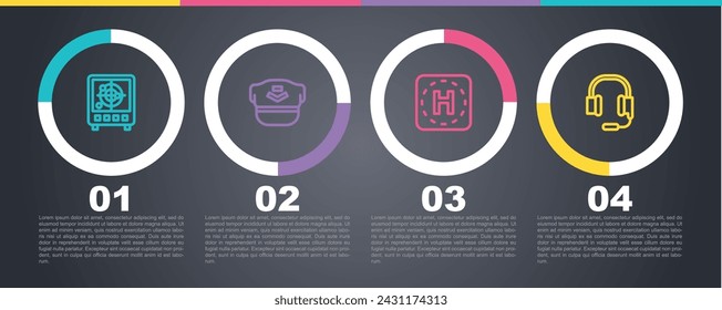 Set line Radar with targets on monitor, Pilot hat, Helicopter landing pad and Headphones microphone. Business infographic template. Vector