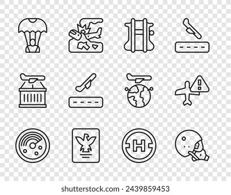 Set line Radar with targets on monitor, Modern pilot helmet, Parachute, Passport, Plane takeoff, Helicopter landing pad and Warning aircraft icon. Vector