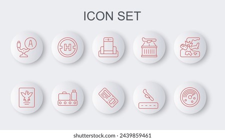 Set line Radar with targets on monitor, Passport, Metal detector in airport, Plane landing, Aircraft steering helm, Helicopter pad, Conveyor belt suitcase and Airline ticket icon. Vector