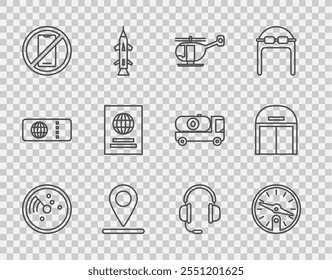 Set line Radar with targets on monitor, Compass, Helicopter, Location, No cell phone, Passport, Headphones microphone and Aircraft hangar icon. Vector