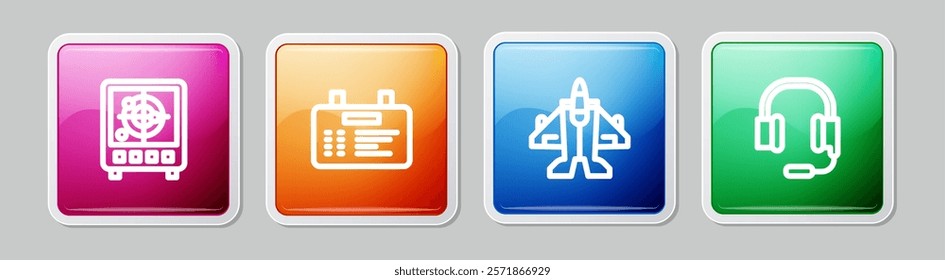 Set line Radar with targets on monitor, Airport board, Jet fighter and Headphones microphone. Colorful square button. Vector