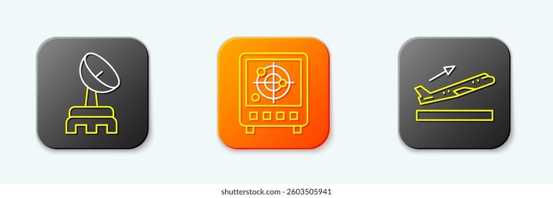 Set line Radar, with targets on monitor and Plane takeoff icon. Vector