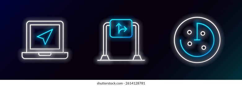Set line Radar with targets on monitor, Laptop location marker and Road traffic sign icon. Glowing neon. Vector