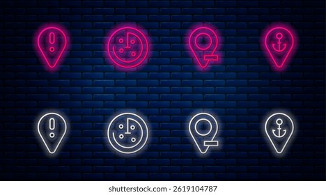 Set line Radar with targets on monitor, Location, exclamation mark and anchor. Glowing neon icon on brick wall. Vector