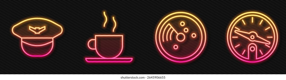 Set line Radar with targets on monitor, Pilot hat, Coffee cup and Compass. Glowing neon icon. Vector